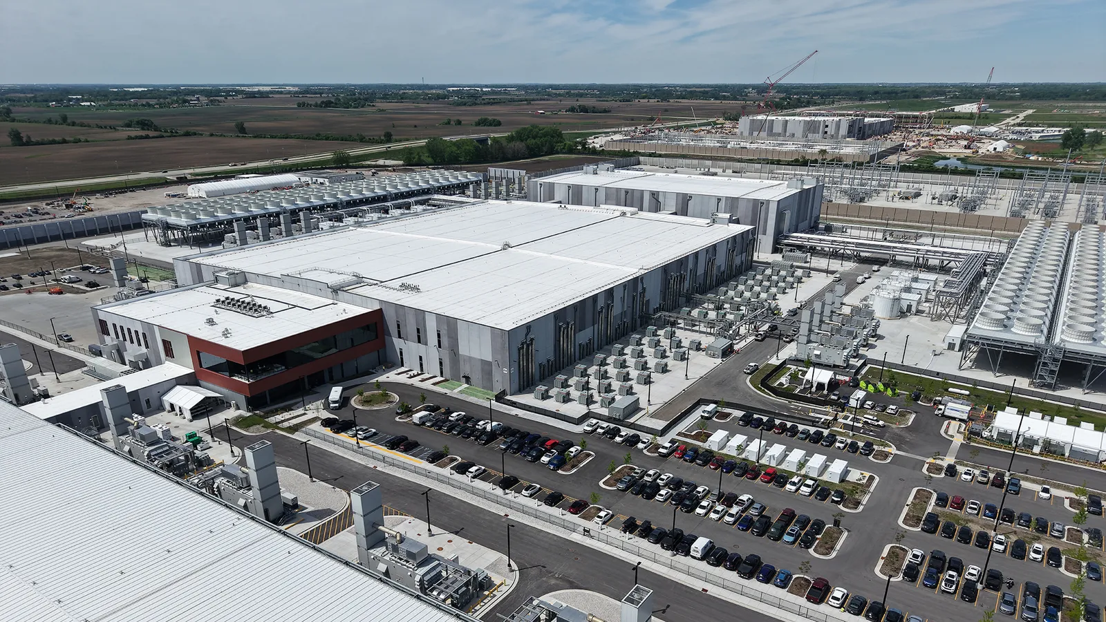 Aerial view of the completed data center campus