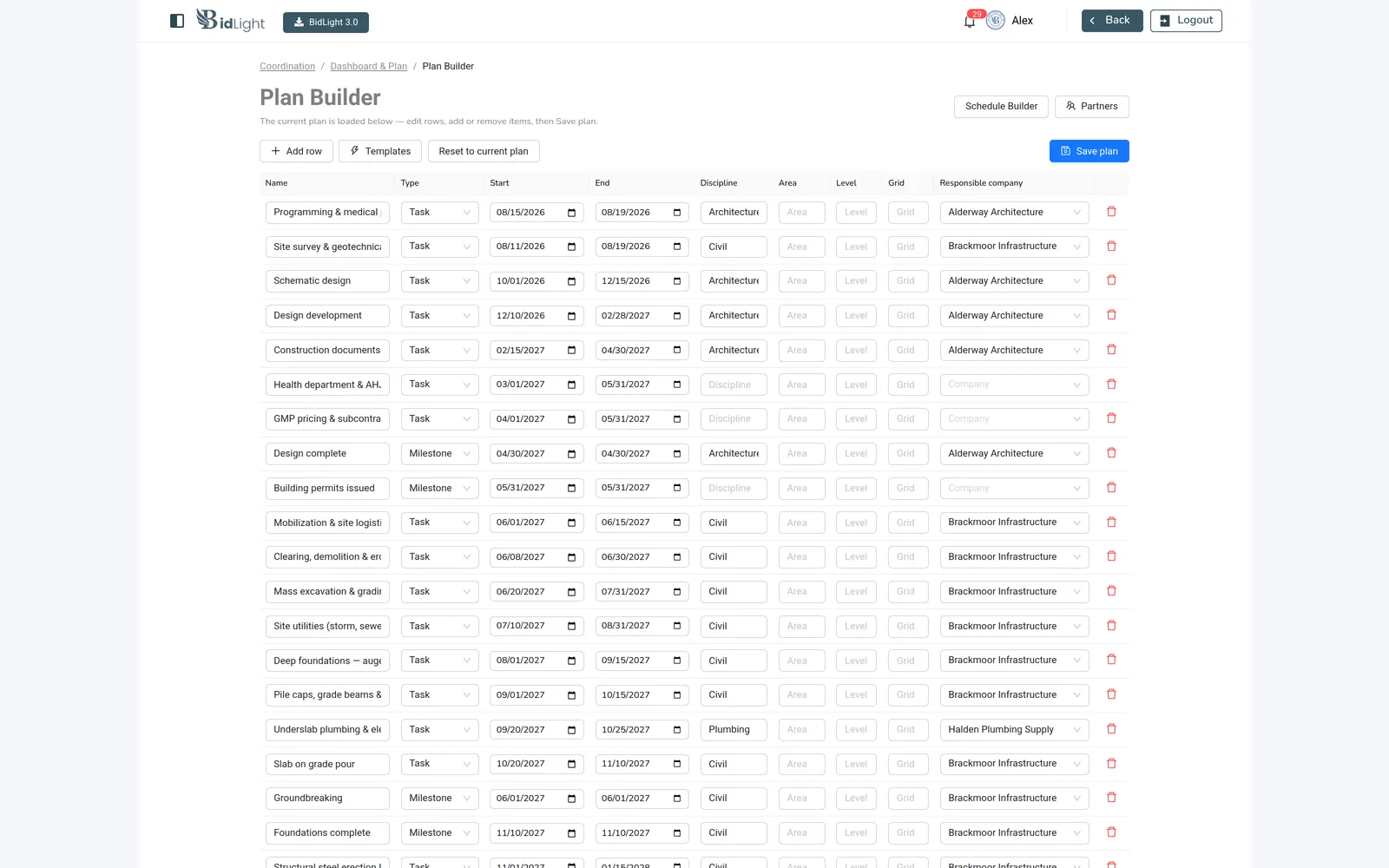 Plan with per-task issue counts and health