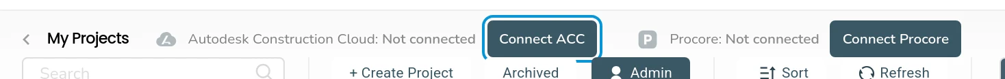 My Projects in BidLight, with the Connect ACC button in the strip