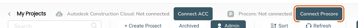 My Projects in BidLight, with the Connect Procore button in the strip