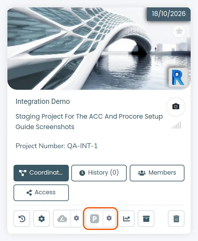 A BidLight project card showing the Procore logo and the settings gear