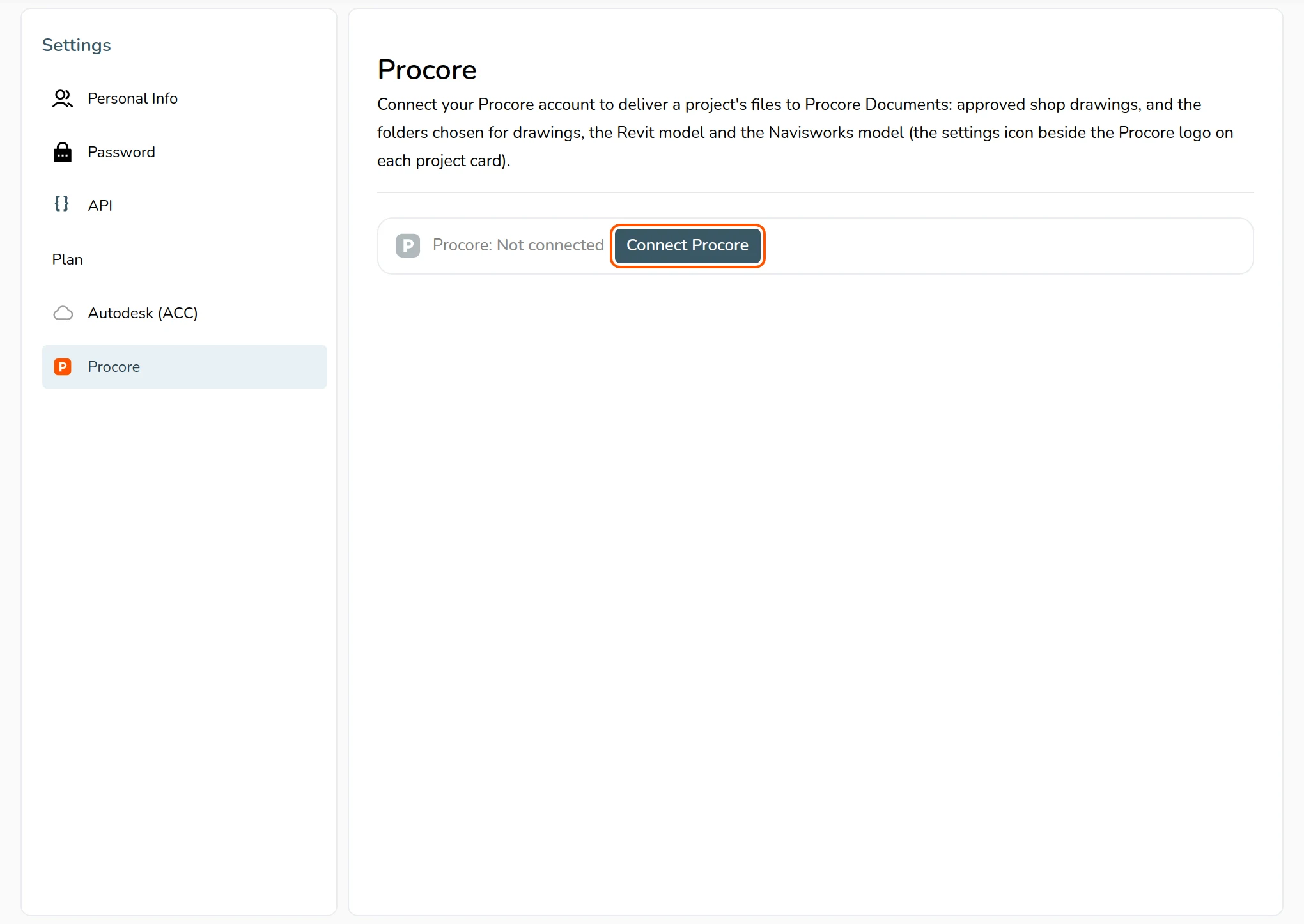 The Procore tab in the BidLight profile